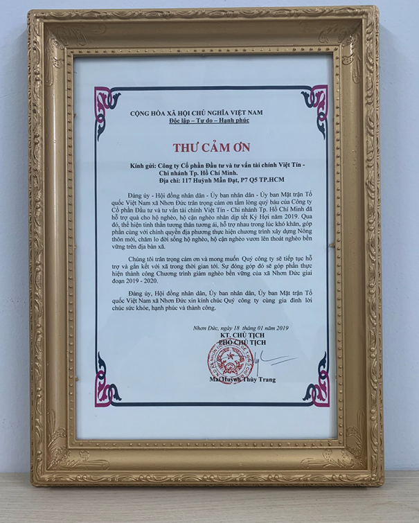 Thư cảm ơn của Ủy ban xã Nhơn Đức, huyện Nhà Bè